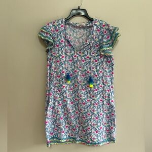 Vineyard Vines Floral Floral Flamingos 100% Linen Tassel Tunic Dress, size M